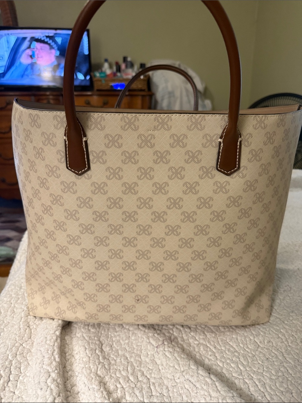 Neutral Patterned Beige Tote with Brown Handles